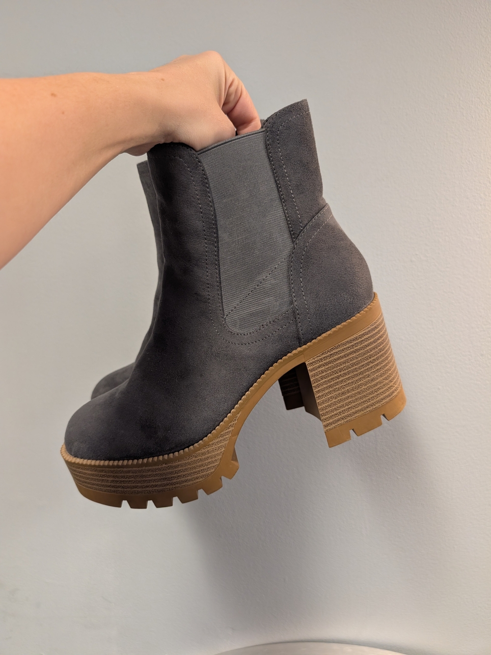Nordstrom Gray Suede Platform Chelsea Booties with Tan Lug Sole